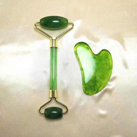 Rouleau de massage en quartz rose + Set Gua Sha double tête