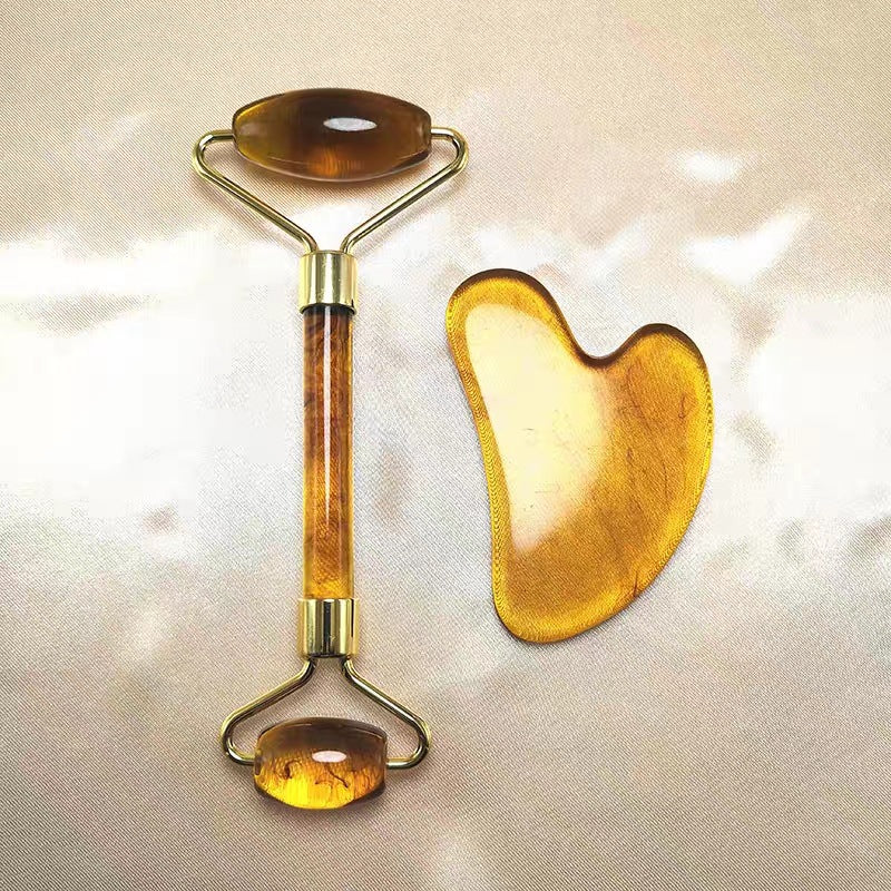 Rouleau de massage en quartz rose + Set Gua Sha double tête