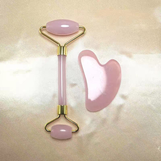 Rouleau de massage en quartz rose + Set Gua Sha double tête