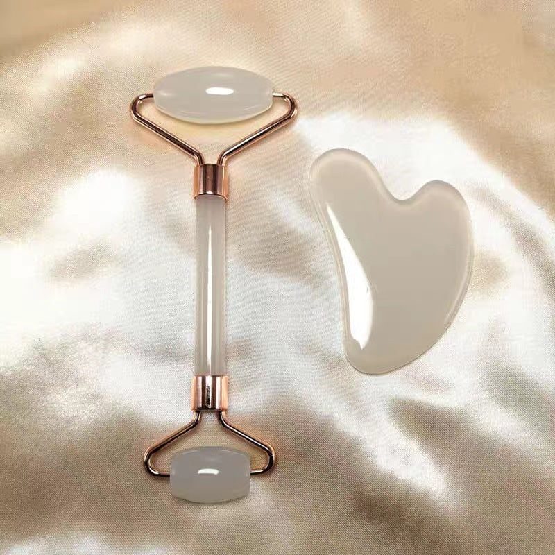 Rouleau de massage en quartz rose + Set Gua Sha double tête