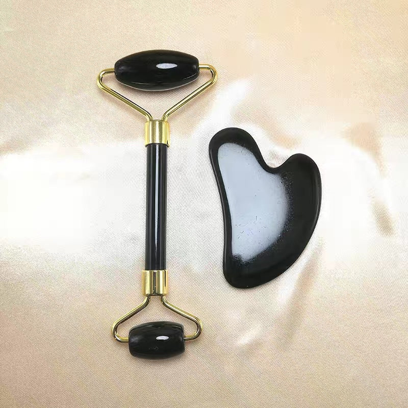 Rouleau de massage en quartz rose + Set Gua Sha double tête