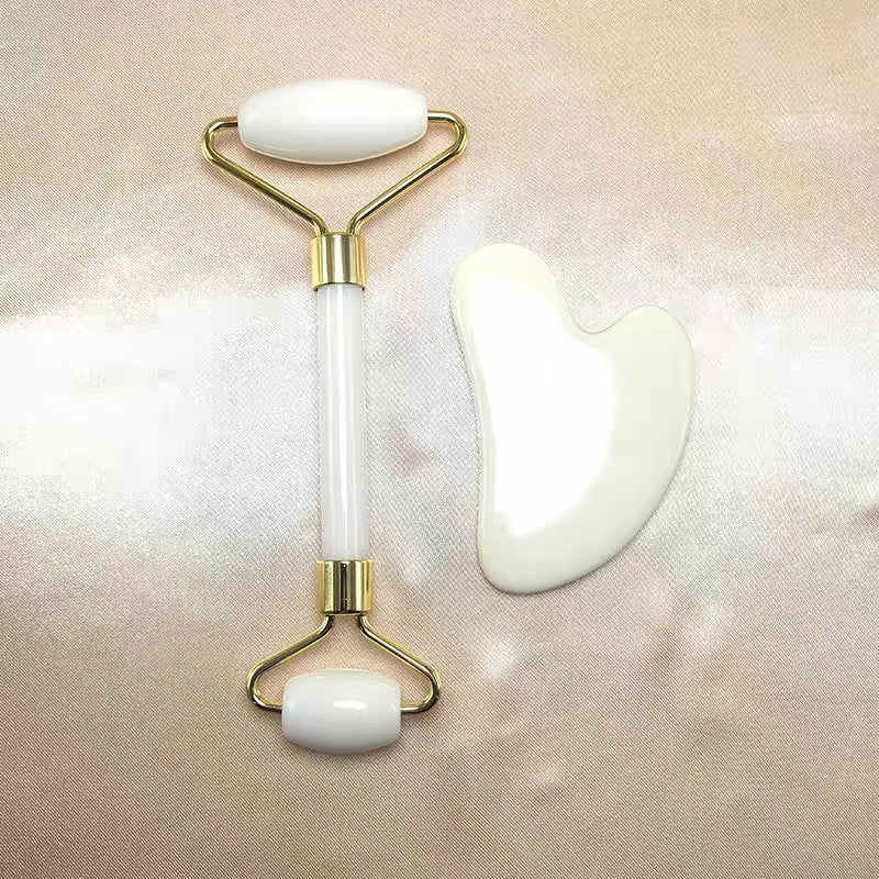 Rouleau de massage en quartz rose + Set Gua Sha double tête