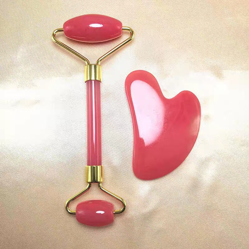 Rouleau de massage en quartz rose + Set Gua Sha double tête