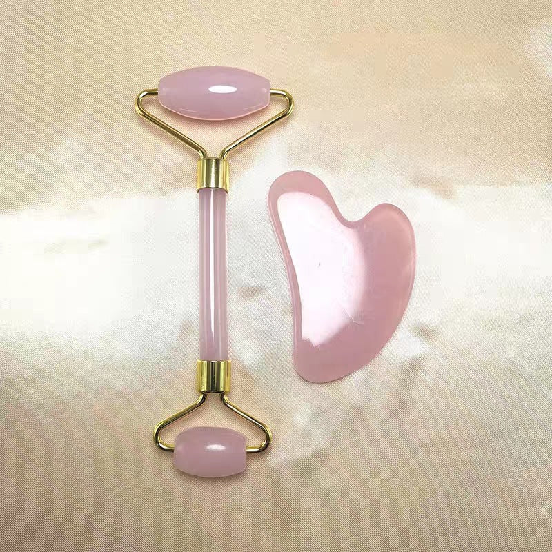 Rouleau de massage en quartz rose + Set Gua Sha double tête