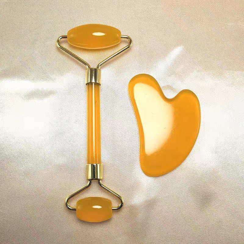 Rouleau de massage en quartz rose + Set Gua Sha double tête